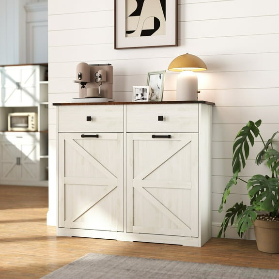 20 Gallon Double Tilt Out Trash Cabinet, Wooden Hidden Garbage Can Cabinet with 2 Drawers snd Barn Door, Freestanding Laundry Hamper for Kitchen, Bathroom, Living Room, White