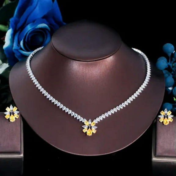 Chic Royal Blue CZ Flower Drop Earrings Necklace Jewelry Set for Brides Pageant