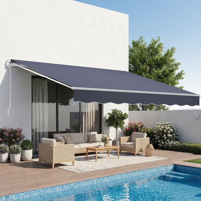 VEVOR Auvent Rétractable Manuel, Auvent de Patio Extérieur 11,5 Pieds x 9,8 Pieds Pare-Soleil Rétractable, Abri Pare-Soleil en Polyester Résistant à l'Eau pour Porte et Fenêtre de Patio avec Manivelle pour Terrasse, Balcon, Cour, Gris
