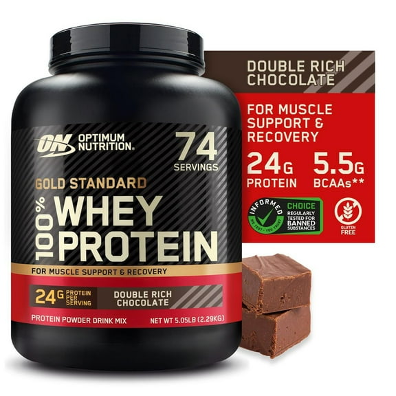 Optimum Nutrition Gold Standard 100% Whey Protein Powder, Double Rich Chocolate, 24g Protein, 5 LB