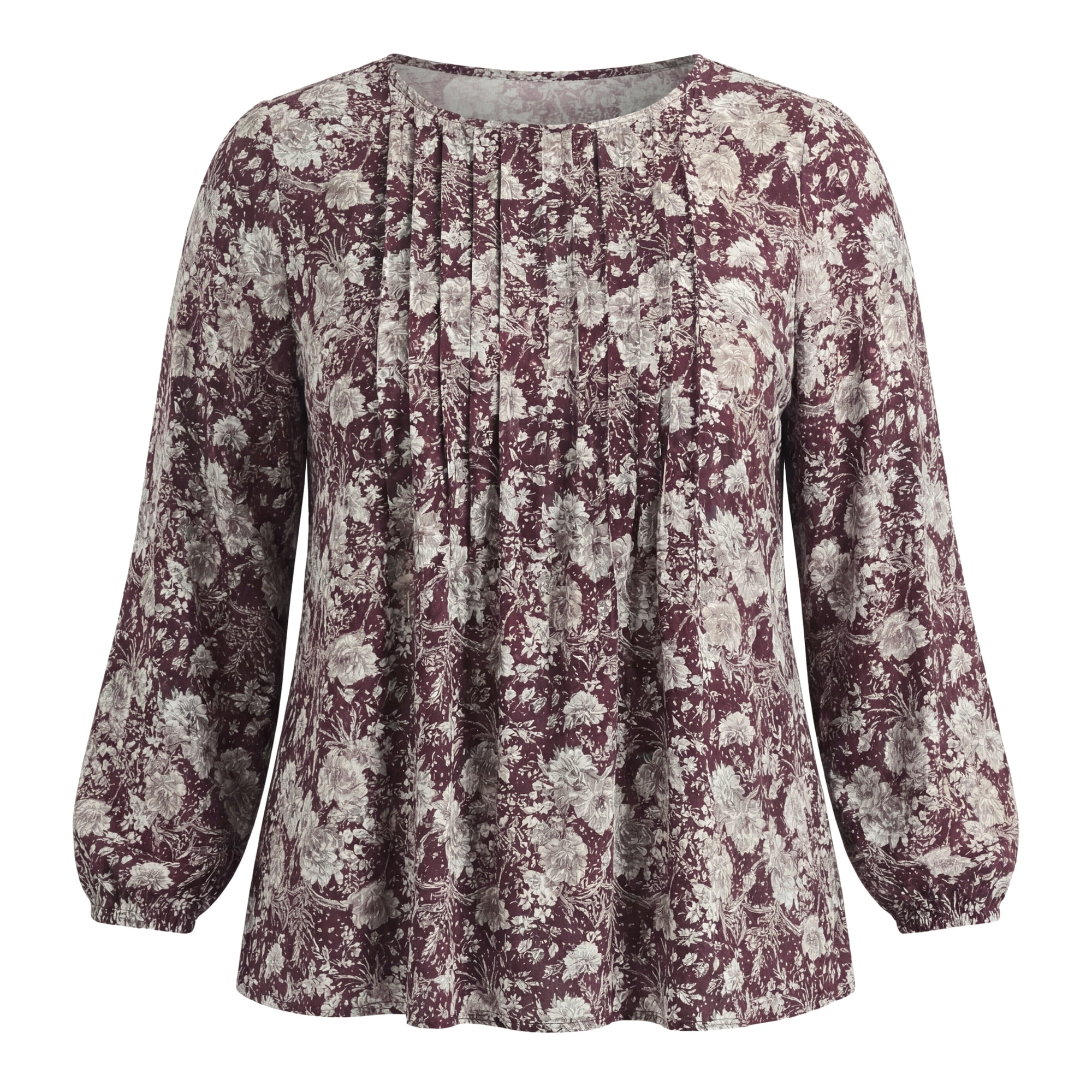 DARING DIVA Women's Plus Front Pintuck Crew Neck Lantern Sleeve 1X Deep Burgundy