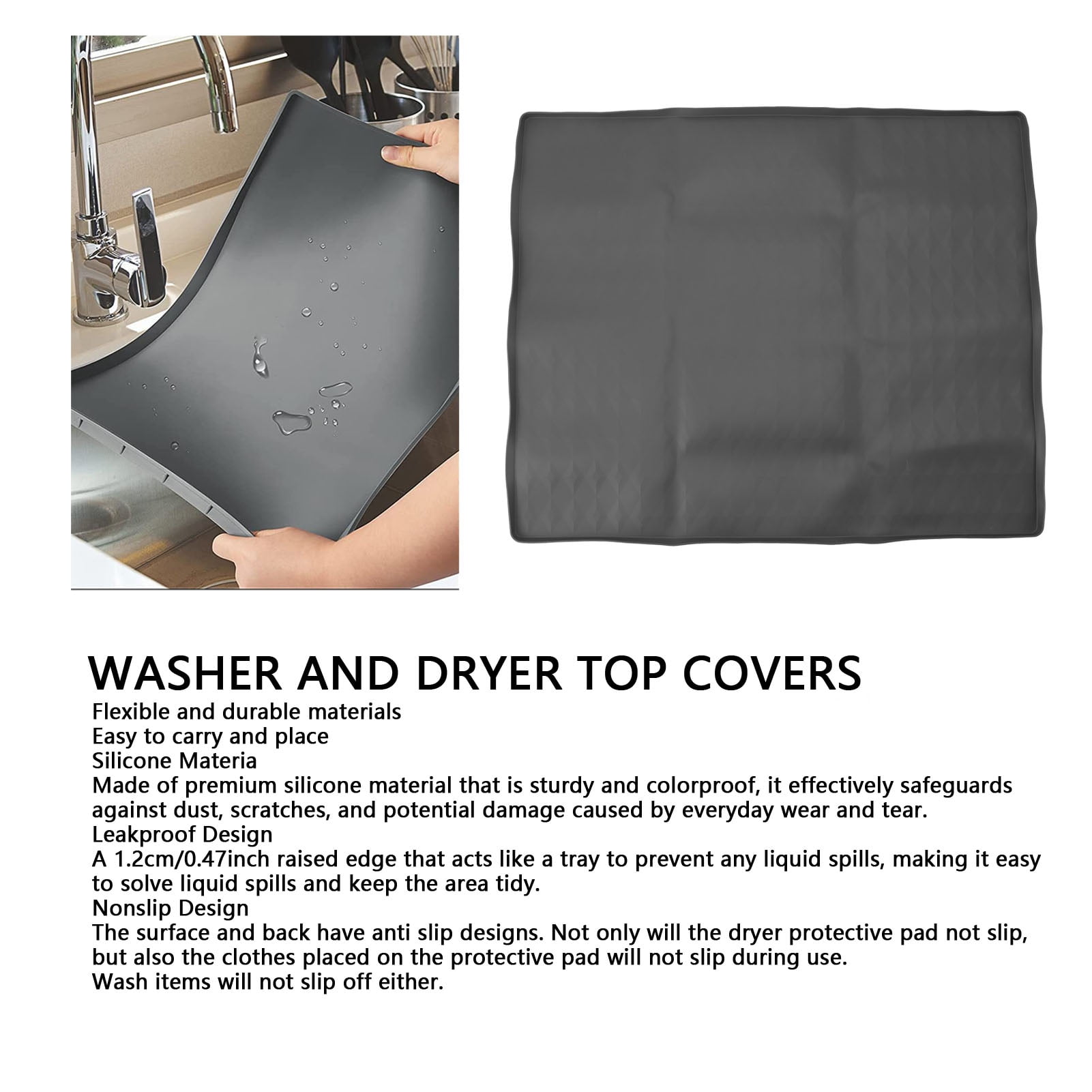 BIMZUC Washer and Dryer Covers for The Top Waterproof Prevent Slip Washing Machine Top Protector Silicone Mat for Laundry Kitchen Grey 60x50cm / 23.6x19.7in