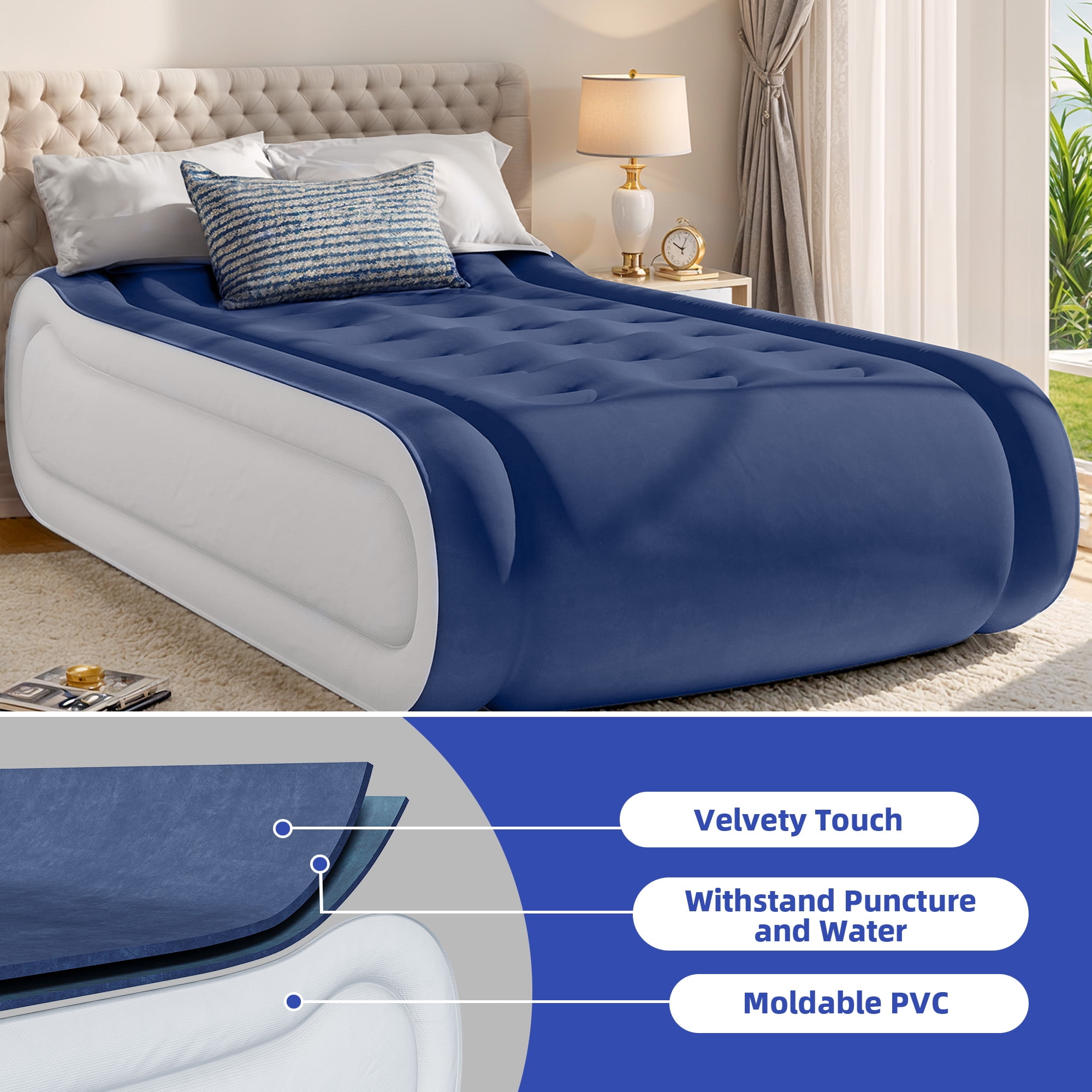 Uforic Twin Air Mattress,Luxurious Velvet Surface, Unsurpassed Body Support, Ergonomic Design with Integrated Pillow, Emergency Repair Kit, and Rapid Inflation/Deflation