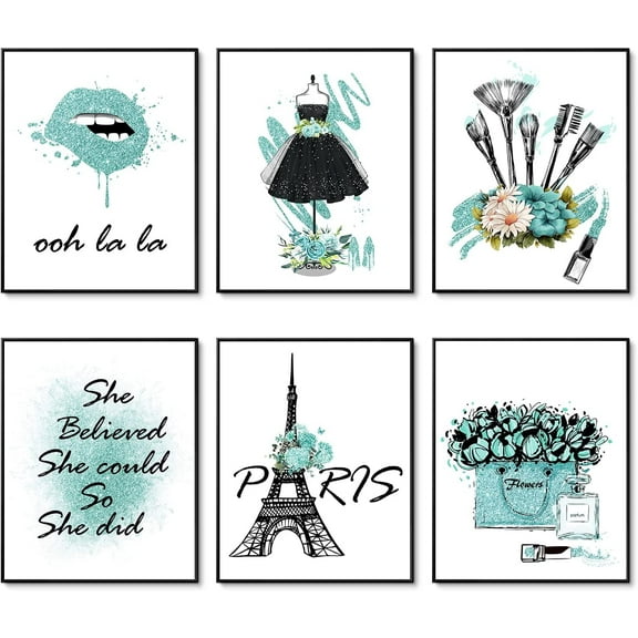 Glam Teal Wall Art Prints Set of 6 Perfume Bottle Flower Lips Canvas Makeup Posters Fashion Design Paris Artwork Bedroom Decor for Women Girl Room Decor 8x10 Inches Unframed