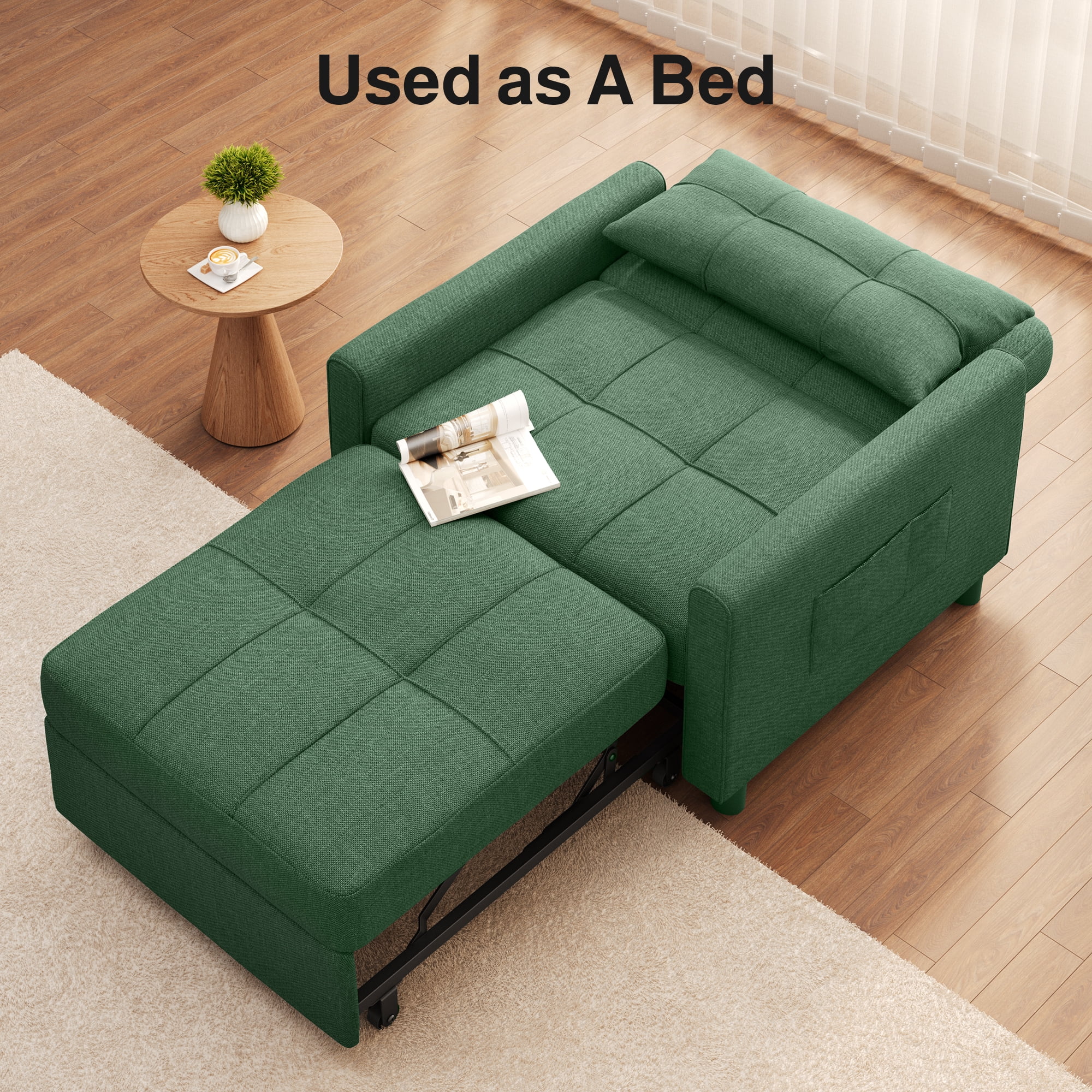 3-in-1 Convertible Sleeper Chair, Lightweight Foldable Sofa Bed for Small Spaces, Linen Upholstery, Green
