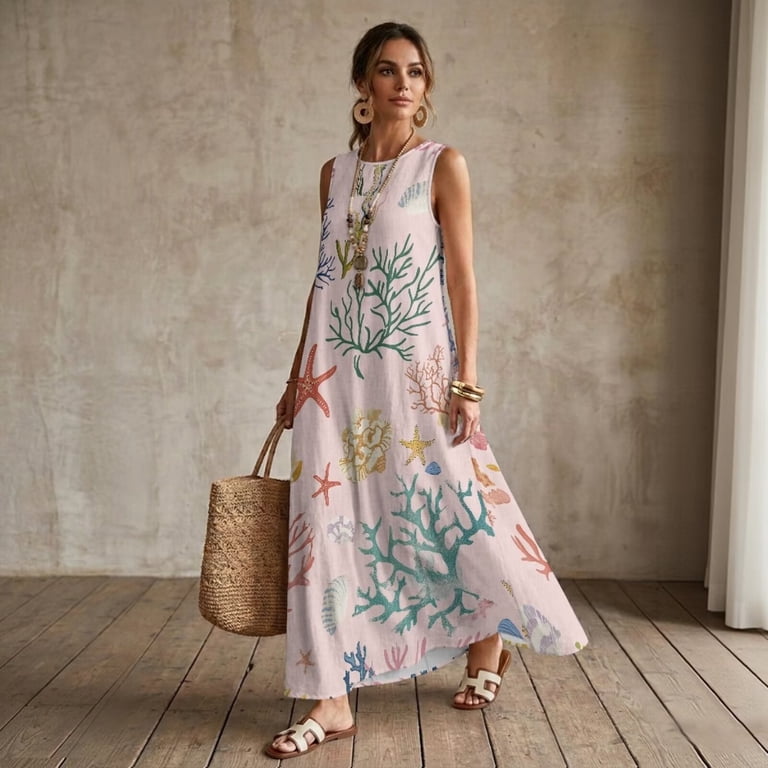 FKELYI Pink Coral Starfish Print Women's Summer Tank Dress Sleeveless Maxi Dress Faux Linen Casual Dresses with Pockets Loose Fit Beach Dresses Vacation Outfit, L