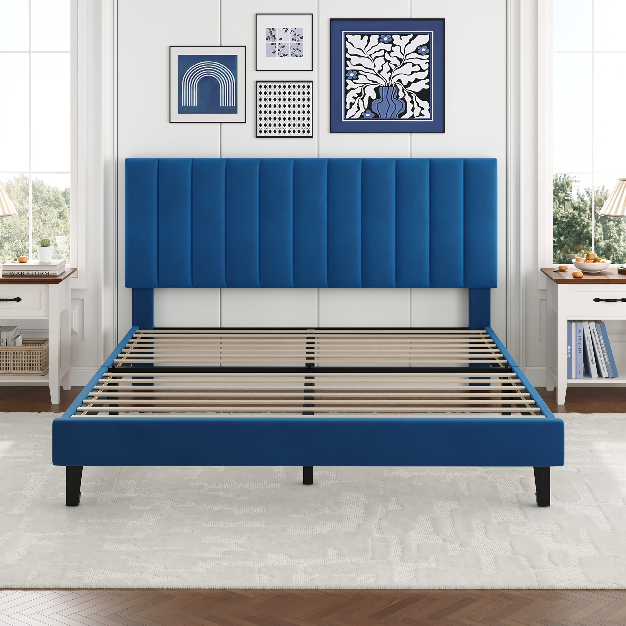 GOGRANT Velvet Upholstered Platform Bed Frame with Adjustable Headboard, Queen