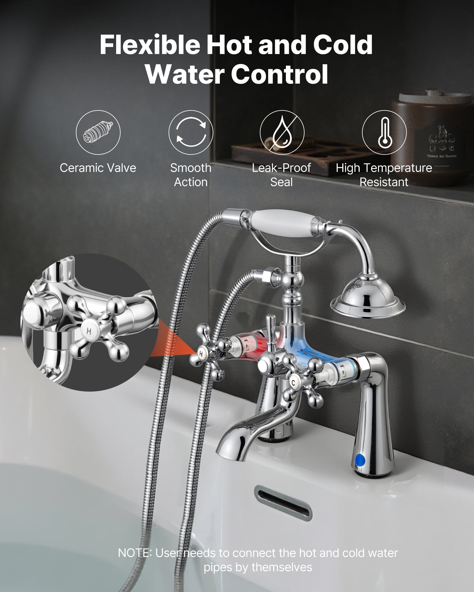 VEVOR Clawfoot Tub Faucet, Deck Mount Bathtub Faucets with Handheld Shower, Vintage Polished Chrome Clawfoot Tub Filler Faucet Shower Kit with 360° Rotation Spout & 59-inch Long Hose for Bathtubs
