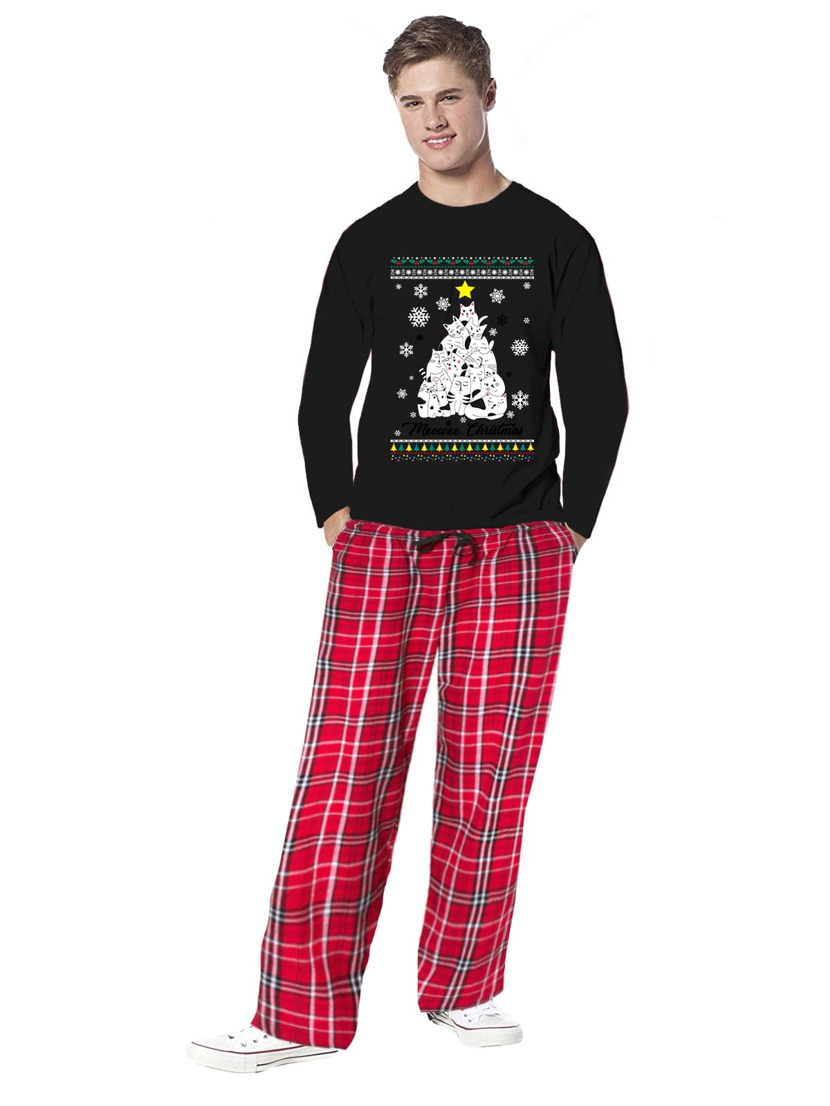 Family Christmas Pajamas for Men Meowee Cat Xmas Tree Sleepwear Mens Pajama Sets