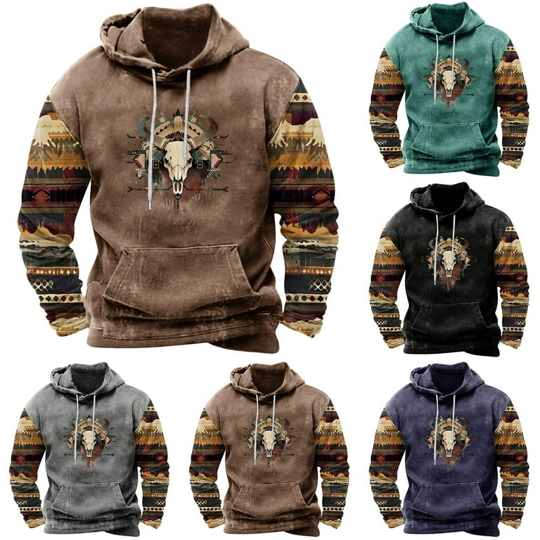 ZCFZJW Fall Hoodies for Men Graphic Aztec Cowboy Western Hoodie