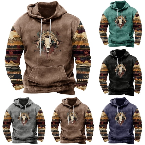 ZRGHAOYLQ Mens Western Aztec Graphic Hoodies Retro Ethnic Style Hooded Sweatshirt Loose Drop Shoulder Pullover Hoodie Casual Long Sleeve Sweatshirts with Kangaroo Pocket Navy XL