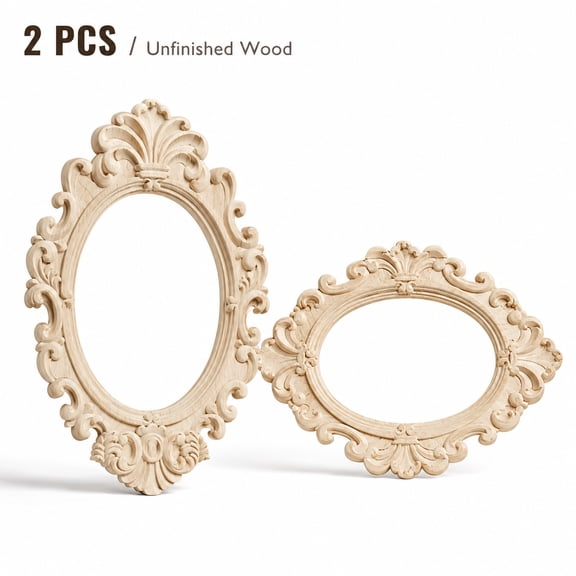2Pcs European Style Oval Wooden Picture Frames, Unfinished Carved Wood Photo Frames with Vintage Floral Design for Wedding Decor, DIY Craft Projects, Home Display and Rustic Decoration