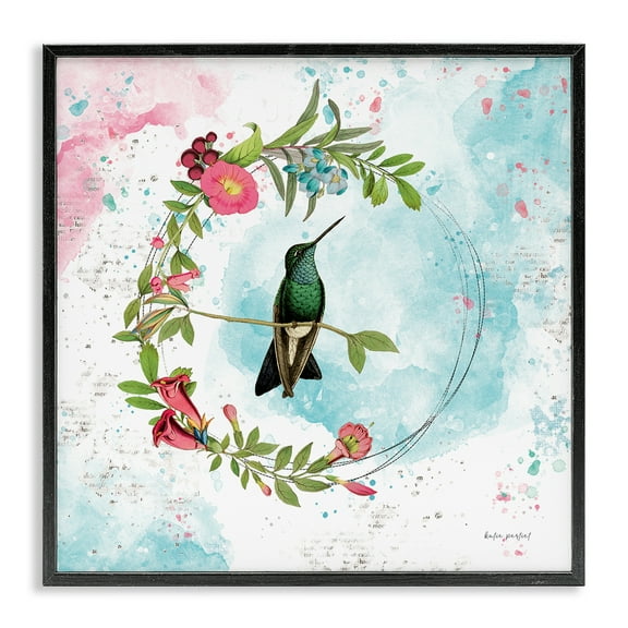 Stupell Industries Hummingbird within Wreath Animals Painting Black Framed Art Print Wall Art, 12 x 12