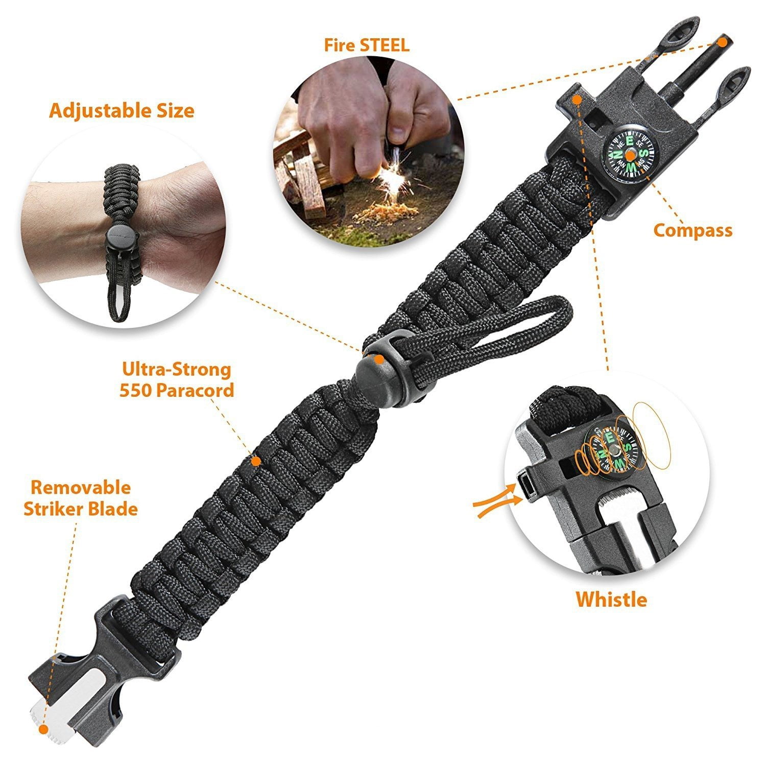 5 in 1 Adjustable Paracord Emergency Bracelet Fire Starter, Compass, Whistle, and More