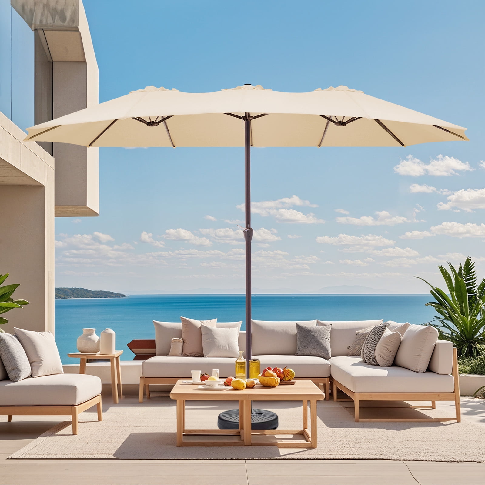FUNDAZE 15ft Double-Sided Patio Umbrella Large Outdoor Cantilever Umbrella with Crank, Rectangular Sun Shade for Poolside Deck Garden,Beige