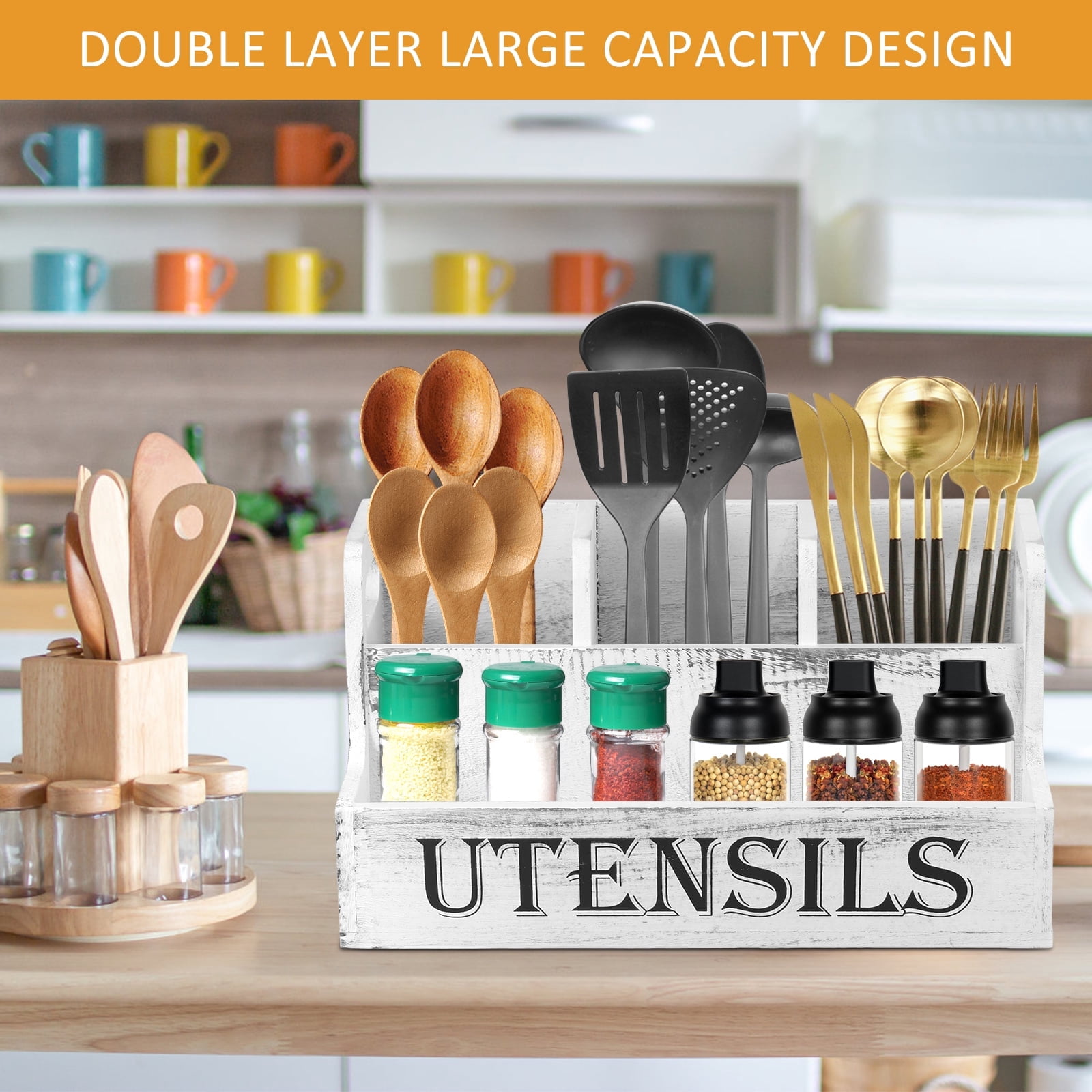FUYGRCJ Extra Large Kitchen Utensils Holder with 4 Compartments, 2 Layers Wooden Utensil Holder Organizer for Countertop, Farmhouse Utensil Storage Caddy, Rustic Cooking Utensils Organizer