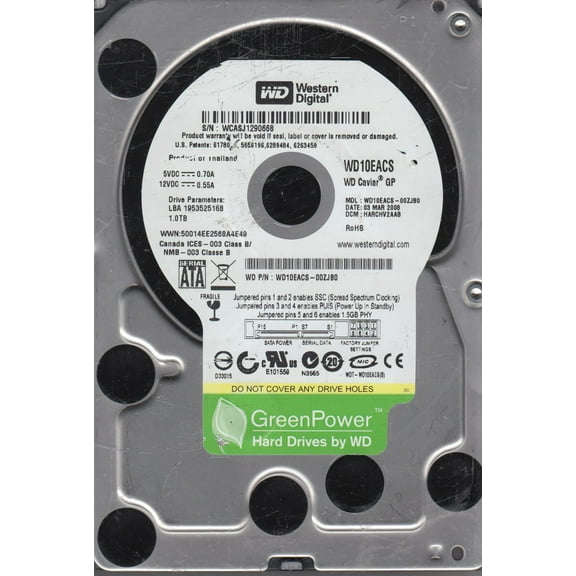 WD10EACS-00ZJB0, DCM HARCHV2AAB, Western Digital 1TB SATA 3.5 Hard Drive