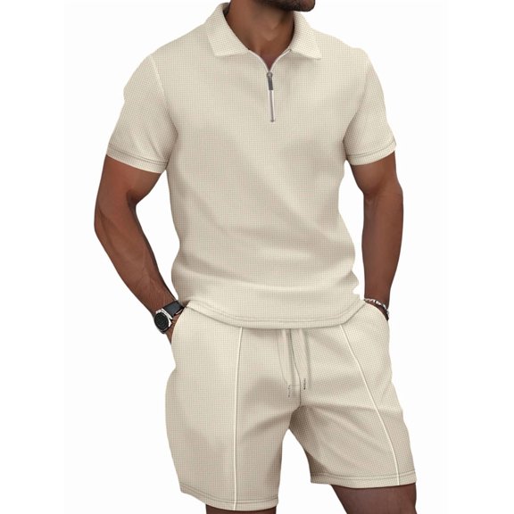 Men'S Half Zip for . Short Sleeve Shirt and Drawstring Shorts Two Piece Outfit Khaki XL