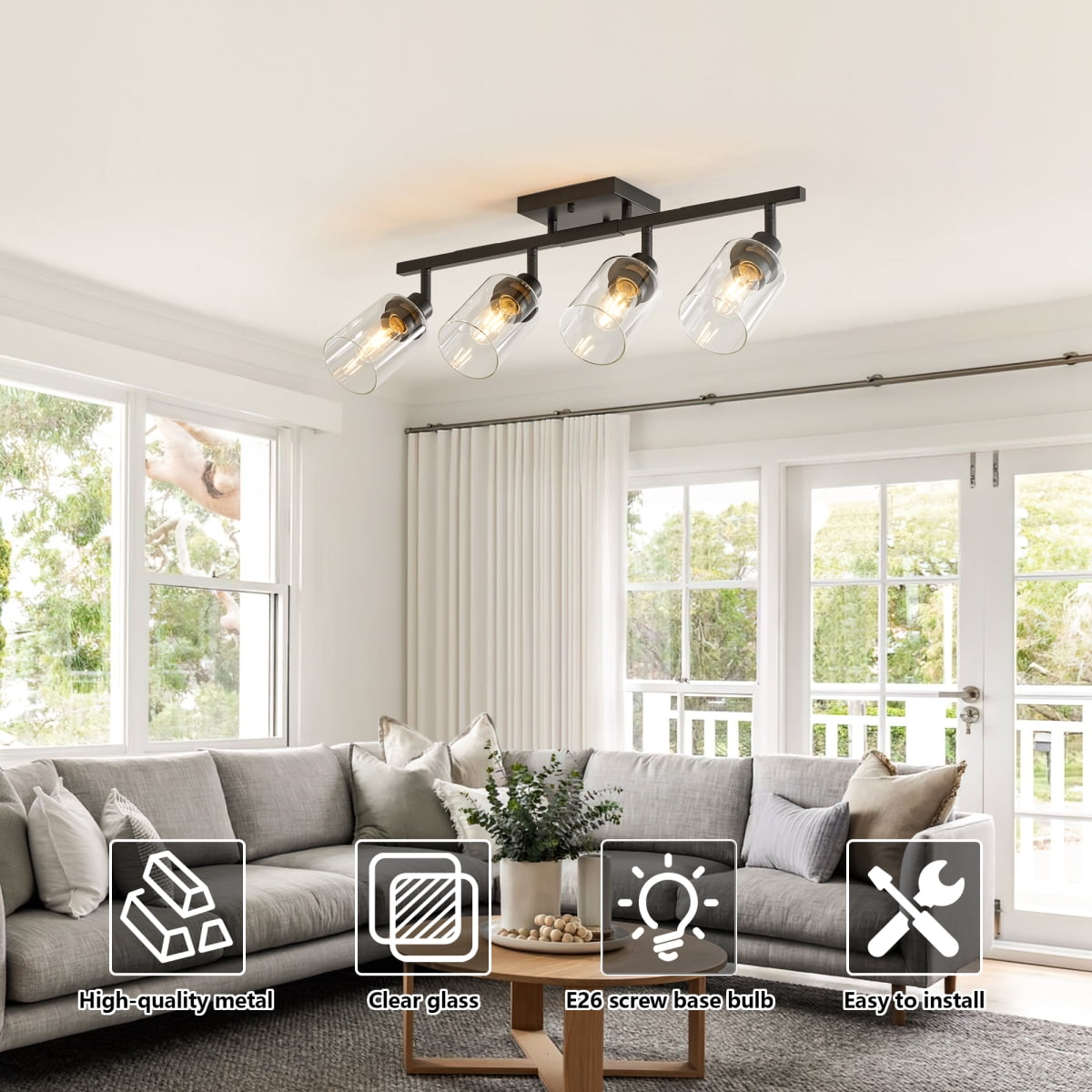 4Lights Semi Flush Mount Ceiling Light, Adjustable Kitchen Light Fixtures Ceiling Mount with Clear Glass Shades, Rotatable Black Track Lighting Fixtures for Hallway, Foyer, Bedroom(Bulb Not Included)