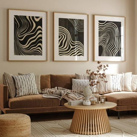 UNFFRAMED Abstract Black And Beige Poster Set, Abstract Illusion Wavy Wall Art, Aesthetic Black Beige Poster, Modern Minimalist Boho Art Set 3 Prints 12x18