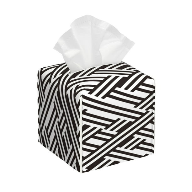 Fotbe Black White Stripes Porta Pañuelos Decorativo de Cuero, Caja Cuadrada Moderna para Pañuelos Faciales, Organizador y Dispensador 5x5x5''