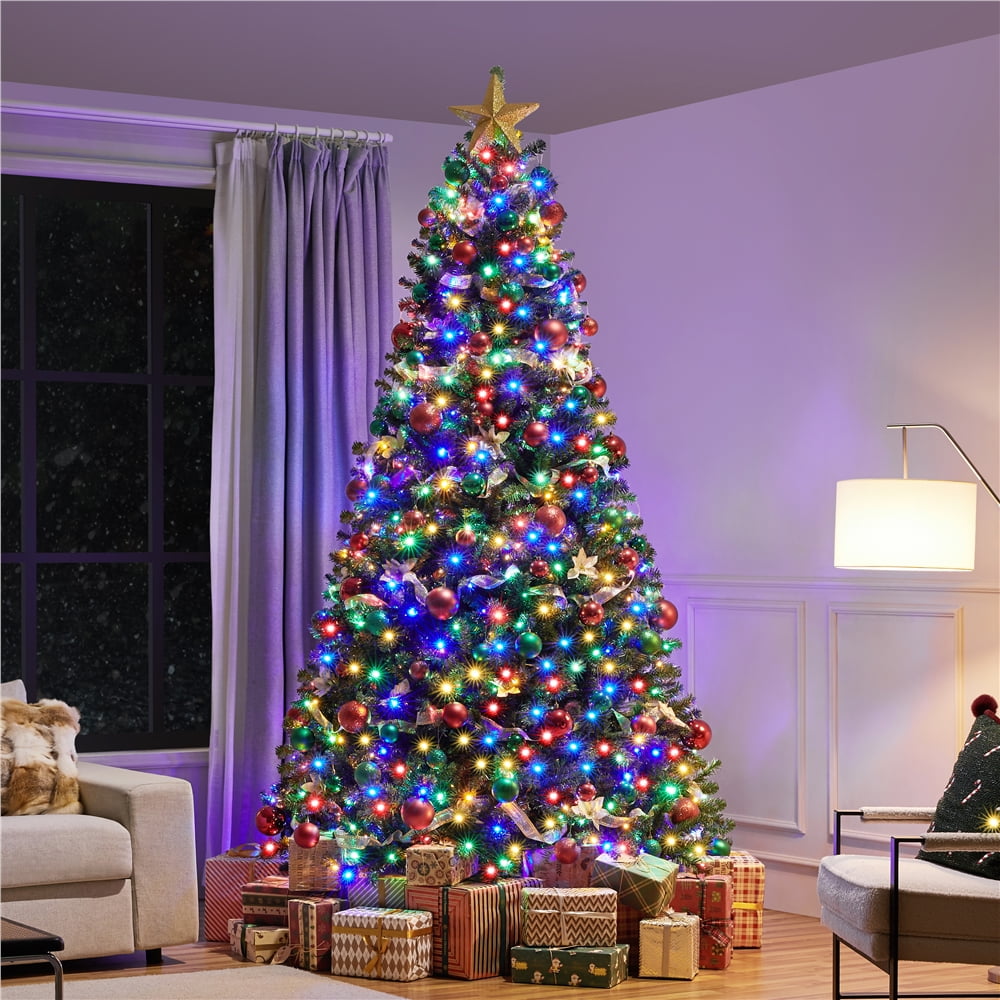 Alden Design 9ft Pre-lit Flocked Artificial Christmas Tree with Foldable Stand, Green