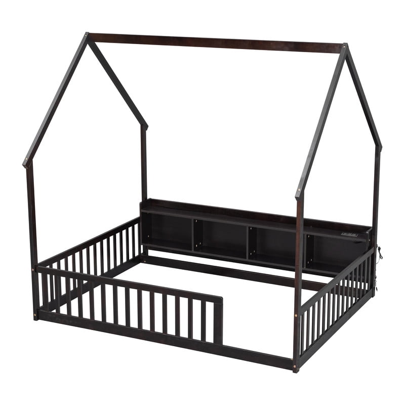 Full Size House-Shaped Canopy Bed with Roof, Wood Kid's Floor Bed Frame with Storage Shelves, LED Lights & Charging Station
