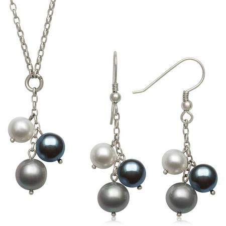 6-8.5mm White, Grey and Black Cultured Freshwater Pearl Trio Necklace and Wire Earring Set, 17