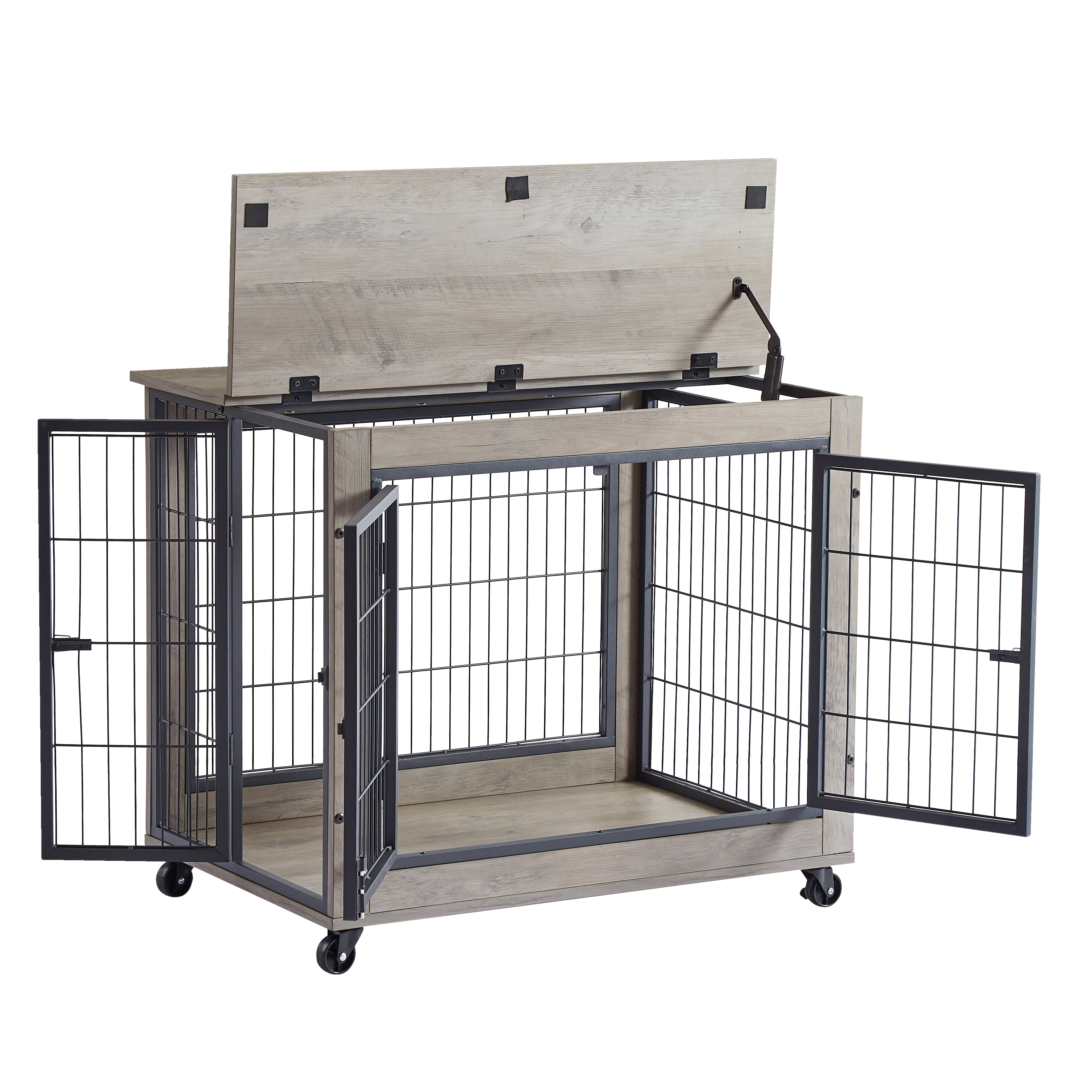 Syngar Dog Crate on Wheels, Wooden Dog Cage with Lockable Double Doors and Lift Top, Modern Home 2-in-1 Dog House End Table Furniture, Dog House for Small Sized Dogs, Gray, 31.5"L