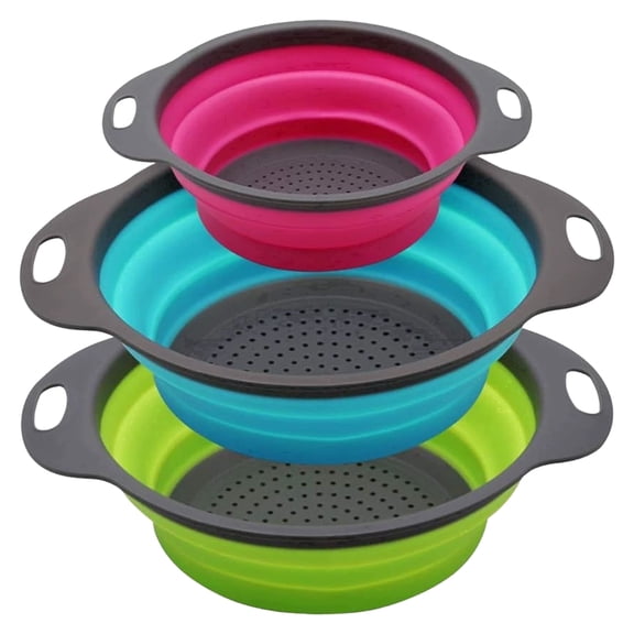 Collapsible Colander Set, Silicone Space-Saving for Kitchen Pasta Vegetable Food Strainer Basket 3-Piece Multicolor