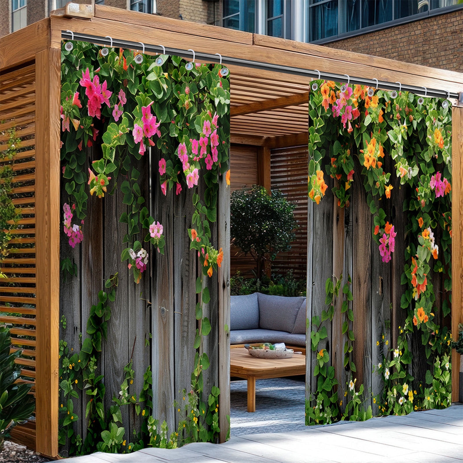 O-292 A Waterproof Outdoor Curtains Set 2Pcs With Wood Colorful Flowers Pattern For Patio #vqbGT