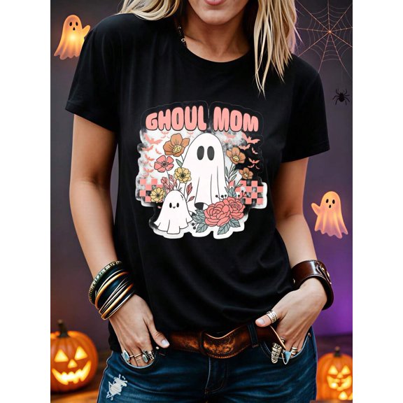Women's T‑Shirt, Halloween Costume, Casual Funny Ghost Floral Print, Party Wear