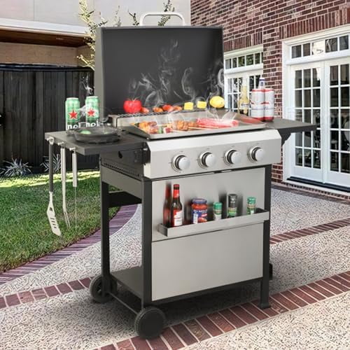 4 Burners Gas Grill with Side Burner, Propane Grill with Wheels and Storage, Outdoor Gas BBQ with Oil Tray and Thermometer for Patio and Party, 34200BTU$$Garden & Patio