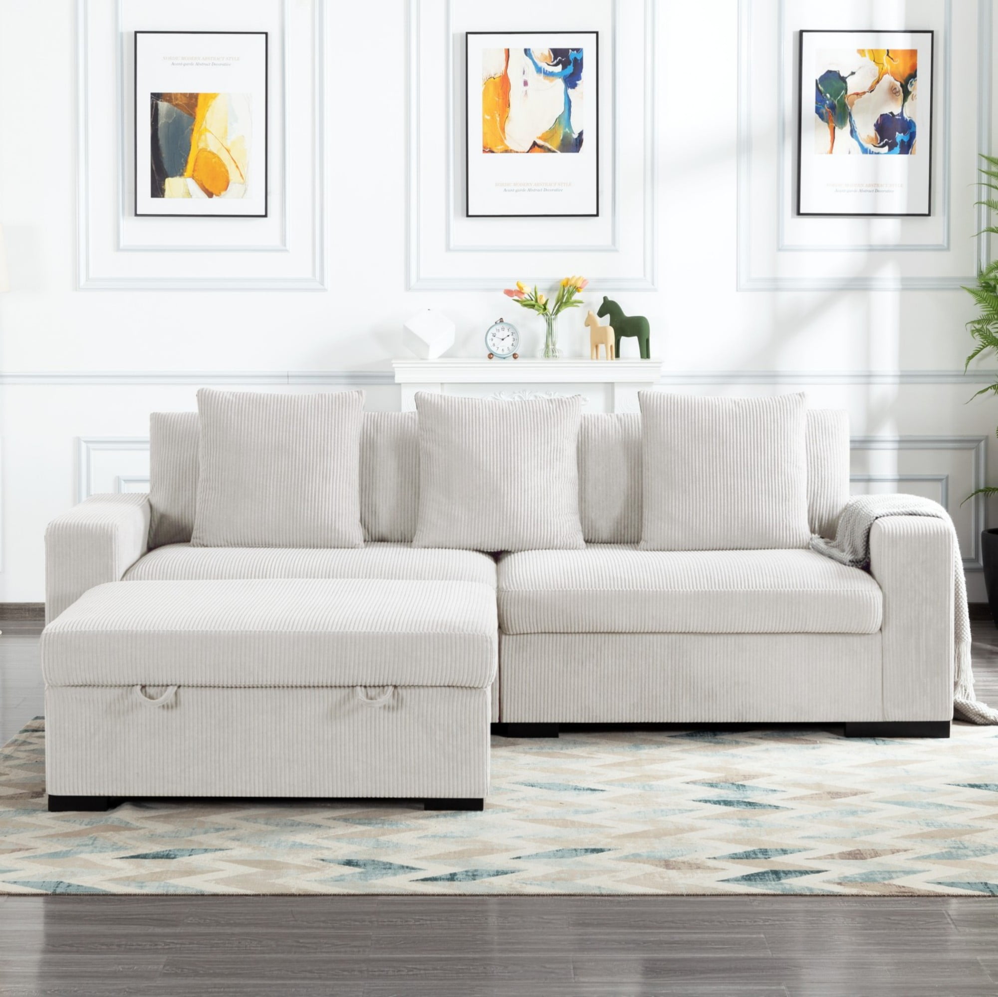 Gewnee 103.5-Inch Modular Corduroy Sofa Set with Solid Wood Legs, High-Density Foam, Suitable for Living Room/Bedroom/Office