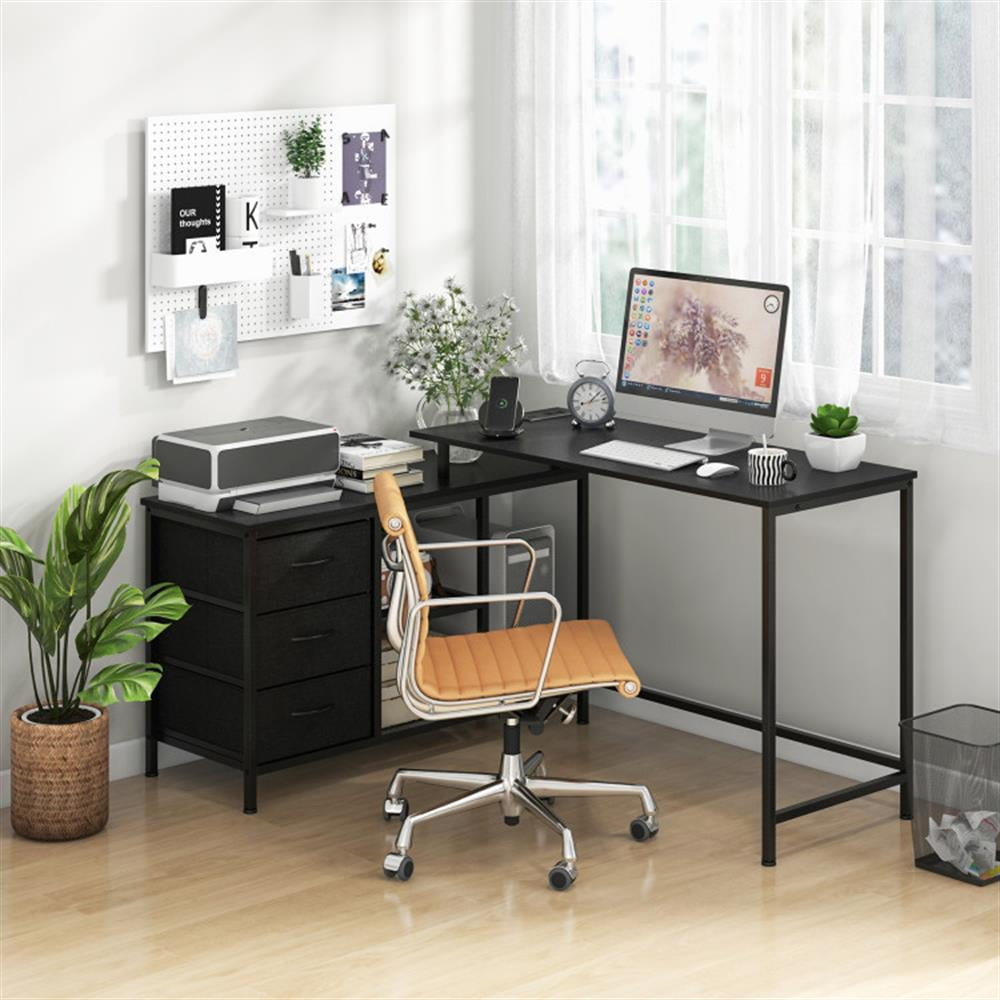 Demi Bonn L-shaped Computer Desk with Power Outlet for Working Studying Gaming, Small Home Office Desk Study Writing Table, Black