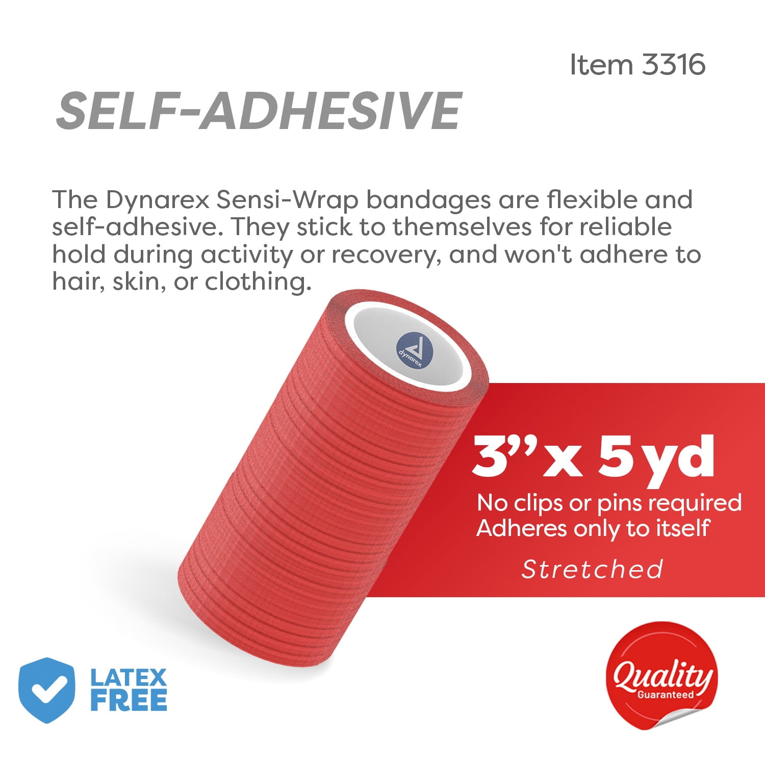 Dynarex Sensi-Wrap Self-Adhesive Bandages, 24-Pack, 3" x 5 yards, Red, Latex-Free, Colored Elastic Cohesive Athletic Tape, Tattoo Grip & Vet Wrap