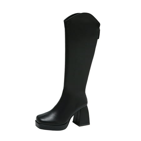 

NECHOLOGY Boot Women High Heels Ladies Fashion Solid Color Leather Square Knee High Wedge Boots for Women with Buckles Shoes Black 9