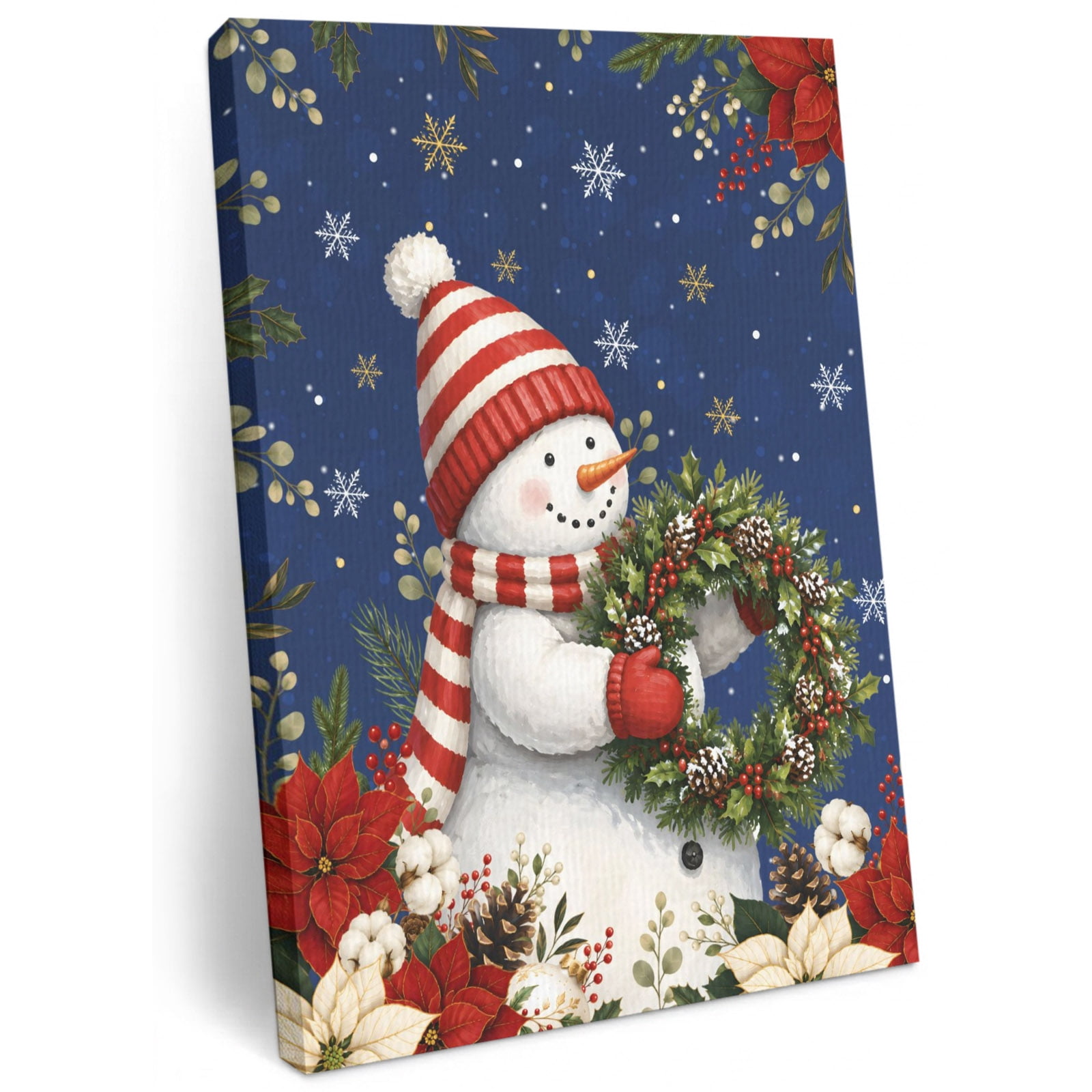 Christmas Winter Canvas Wall Art for Living Room Rustic Snowman Holly Wreath Red White Poinsettia Poster Print Painting for Sofa Area Villa Lobby Decoration Wall Pictures Prepare To Hang 24 x36