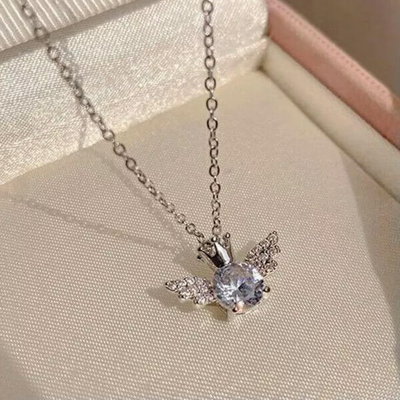 K-KED 925 Silver Angel Wings Crystal Pendant Chain Necklace Women Delicate Jewelry Party Choker