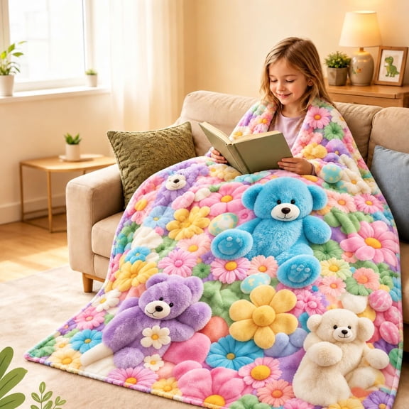 Teddy Pastel Floral Print Throw Blanket Cute Flannel Plush Cozy Fleece Wrap for Couch Bedding Lounging and Birthday Gift for Kids and Teens