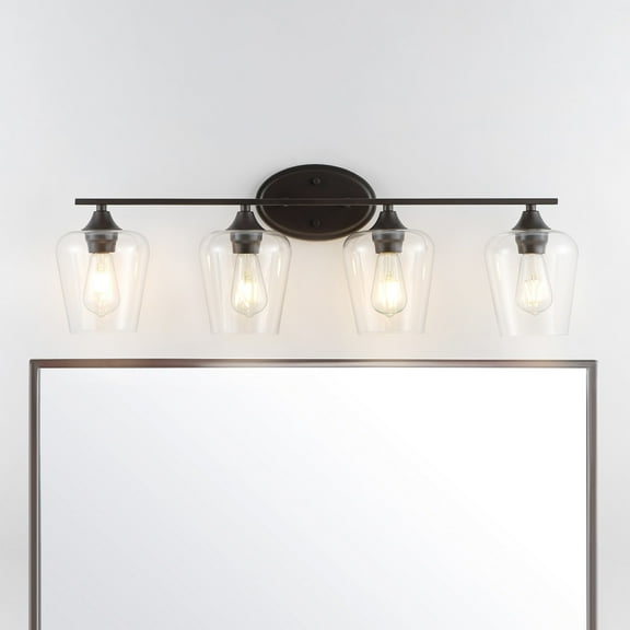 JONATHAN Y Jayne 32" 4-Light Iron/Seeded Glass Cottage Rustic LED Vanity Light, Oil Rubbed Bronze