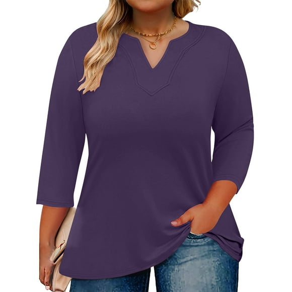 Frostluinai Womens Plus Size Tops V Neck 3/4 Length Sleeve Tunic Shirts Basic Solid Color Blouses Casual Loose Business Work Tee Shirts
