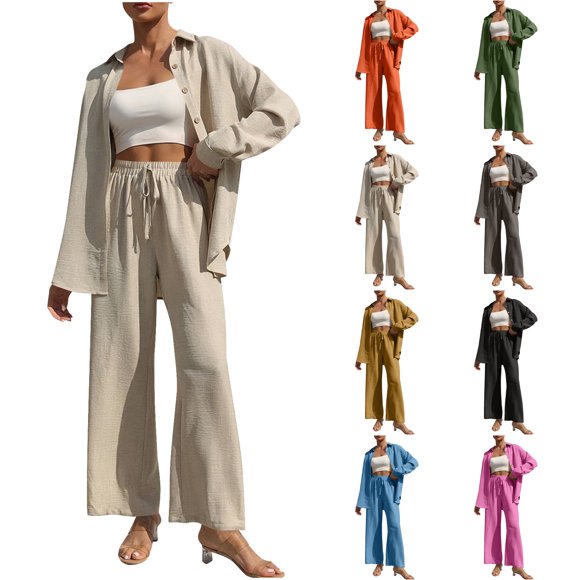 VOAVEKE Two Piece Sets for Women,Plus Size Fashion,Womens 2 Pieces Outfit Loungewear Sets Linen Loose Cardigan Wide Leg High Waist Pants Casual Suits Beige M