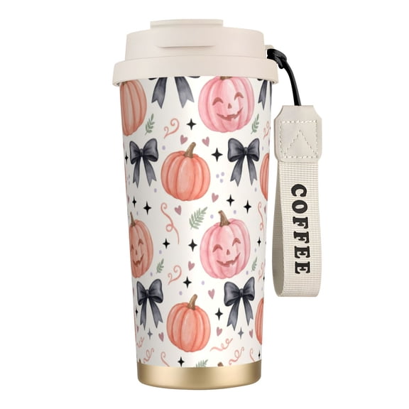 Pumpkin Tumbler 18oz Traditional Autumn Leaves & Pumpkin, Leak-proof Thanksgiving Travel Mug