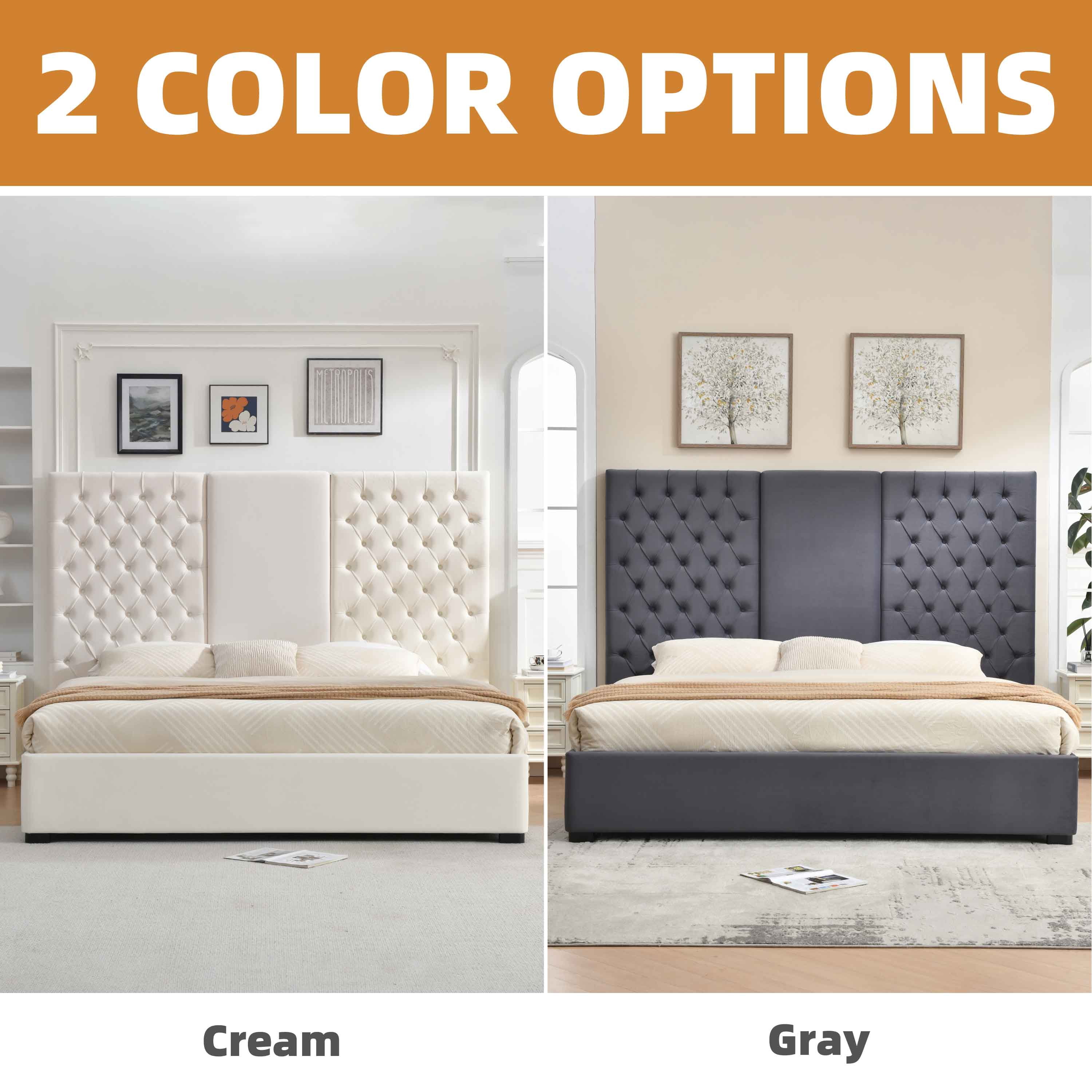 King Size Bed Frame 63.58" Tall Headboard, Velvet Upholstered Platform Bed, Drawers & Button Tufted, Easy Assembly, No Box Spring Needed, Cream