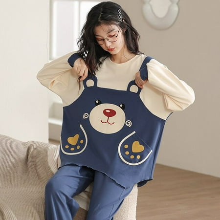 

QWZNDZGR Autumn Pure Cotton Pajama Sets Women Pyjamas Cartoon Bear Plaid Sleepwear Loungewear Pijama Mujer Nightsuits Homewear Fashion