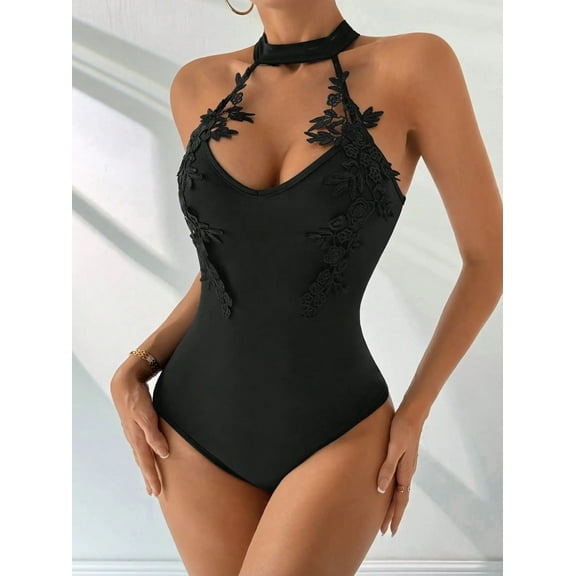 MORTTIC Women's Halter Neck Lace Jacquard Bodysuit Sleeveless Stretchy Tummy Control Boho Chic for Party Photoshoots & Date Nights