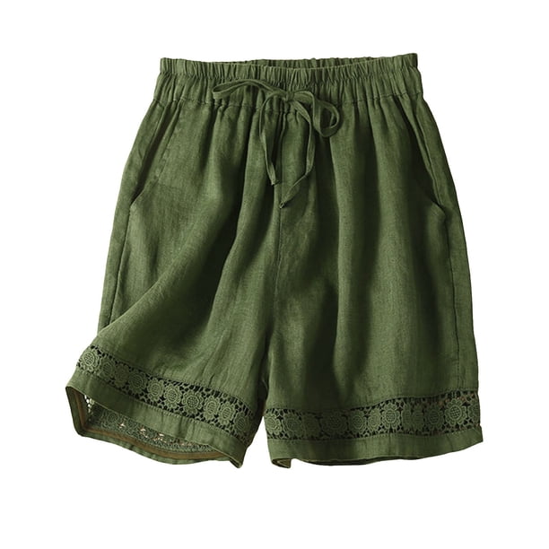 Pantalones cortos de lino finos de verano para mujer: encaje retro calado, cintura elástica, pantalones informales, tallas M-XXXL, tejido de algodón
