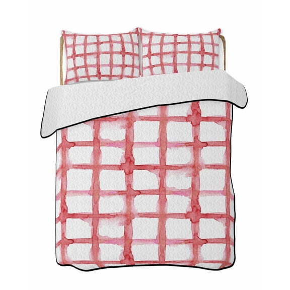 Twin XL Quilt Bedding Set, Red Buffalo Plaid Reversible Summer Quilt 3 Pieces, Farmhouse Check Stripes Retro Geometric Lightweight Bedspreads Coverlets with 2 Pillow Shams for All Seasons