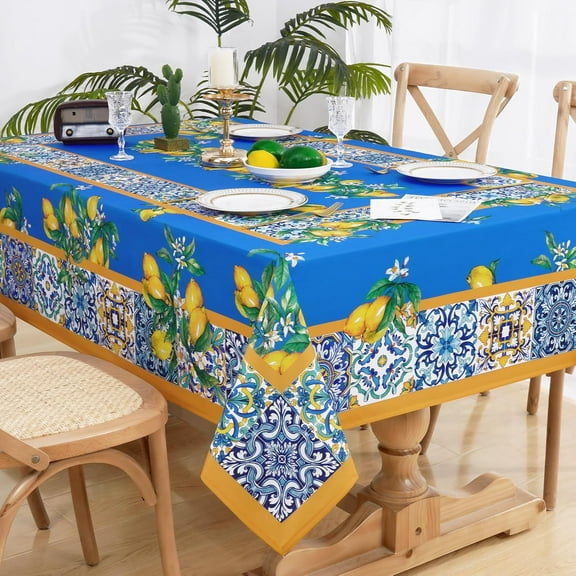 Square Vintage Lemon Tablecloth 52x52 Inch, Waterproof Polyester Cotton Table Cloth, Tile Flower Pattern Tablecloths for Spring Summer, Fabric Tablecloth for Indoor/Outdoor/Picnic/Party Decorative